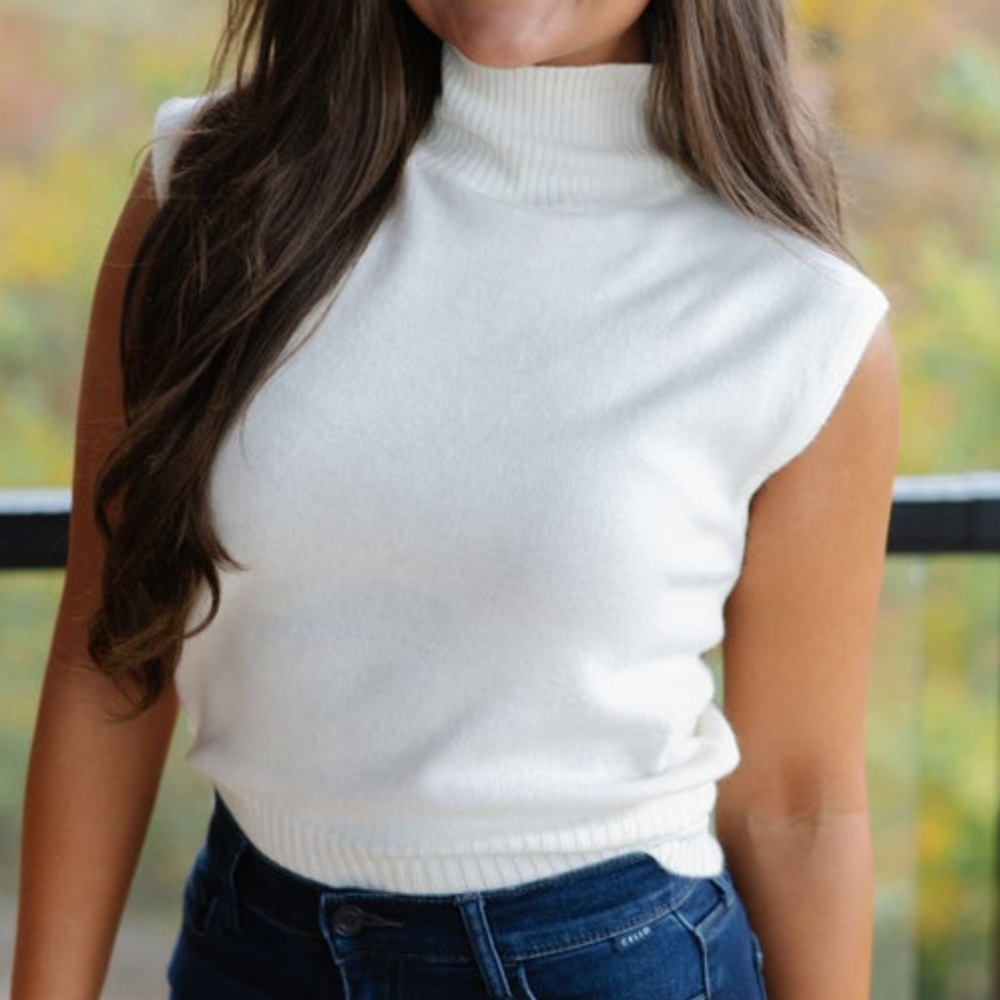 Cream mock neck sleeveless sweater